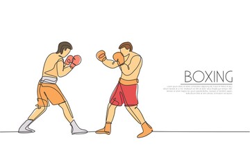 Poster - One single line drawing two young energetic men boxer fighting at event vector illustration graphic. Sport combative training concept. Modern continuous line draw design for boxing championship banner