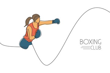 Poster - One continuous line drawing of young sporty woman boxer improve her fight skill. Competitive combat sport concept. Dynamic single line draw design vector illustration for boxing match promotion poster