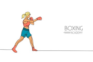 Wall Mural - One single line drawing of young energetic woman boxer focus train her punch vector illustration. Sport combative training concept. Modern continuous line draw design for boxing championship banner