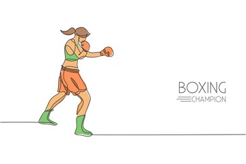 Poster - One single line drawing of young energetic woman boxer practicing punch at sport gym vector illustration. Sport combative training concept. Modern continuous line draw design for boxing event banner