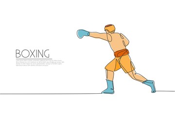 Poster - One continuous line drawing of young sporty man boxer practicing hook punch. Competitive combat sport concept. Dynamic single line draw design vector illustration for boxing match promotion poster