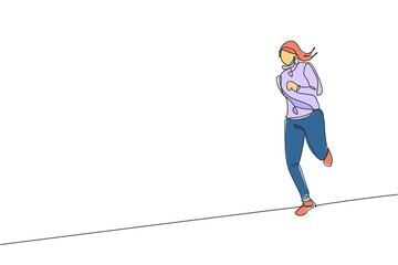 Poster - one continuous line drawing of young sporty runner woman wearing hoodie and relax running. healthy l