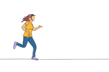 Poster - One single line drawing young happy runner woman run relax while listening music with headphone vector illustration graphic. Healthy lifestyle and fun sport concept. Modern continuous line draw design