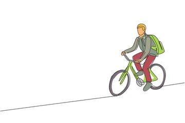 Poster - One continuous line drawing of young professional manager man cycling ride bicycle to his office. Healthy working urban lifestyle concept. Dynamic single line draw design graphic vector illustration