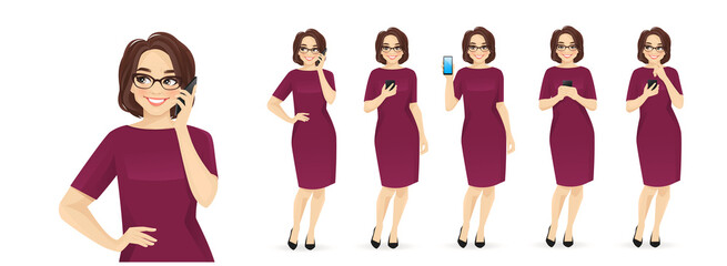 Elegant mature business woman with mobile phone talking, texting and showing empty sreen isolated vector illustration