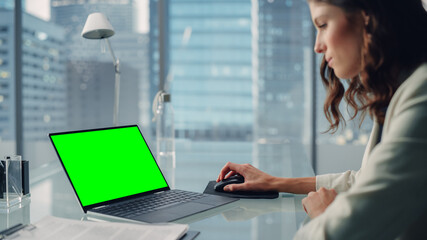 Fototapete - Young Successful Businesswoman Sitting at Desk Working on Green Screen Chroma Key Laptop Computer in City Office. Talented Top Manager Doing Research for e-Commerce Project. Over Shoulder Shot