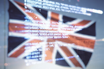 Poster - Abstract virtual coding illustration on British flag and sunset sky background, software development concept. Multiexposure