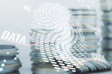 Aufkleber - Multi exposure of virtual fingerprint scan interface on growing coins stacks background, digital access concept