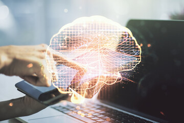 Poster - Double exposure of creative artificial Intelligence symbol with finger clicks on a digital tablet on background. Neural networks and machine learning concept