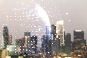 Aufkleber - Multi exposure of abstract creative digital world map hologram on blurry skyline background, tourism and traveling concept