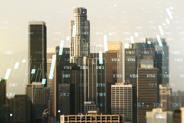 Poster - Abstract virtual stats data hologram on Los Angeles skyline background. Multiexposure