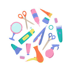 Hairdressing tool kit for beauty salon or home use. Vector illustration of doodle icons for self and hair care. Comb, razor, hair dryer, curling iron and other items.