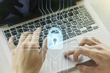 Aufkleber - Creative lock sketch with chip hologram and hands typing on computer keyboard on background, protection of personal data concept. Multiexposure