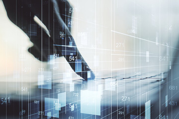 Poster - Double exposure of abstract creative statistics data hologram with hands typing on laptop on background, analytics and forecasting concept