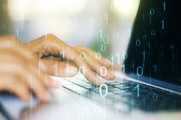 Aufkleber - Creative abstract binary code hologram and hands typing on computer keyboard on background, AI and machine learning concept. Multiexposure