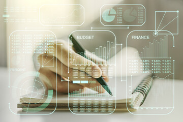 Aufkleber - Double exposure of abstract creative statistics data hologram with man hand writing in notebook on background, statistics and analytics concept