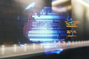 Poster - Multi exposure of abstract creative coding sketch and world map on blurry modern office building background, artificial intelligence and neural networks concept