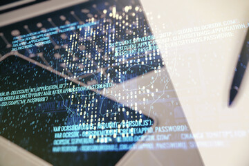 Poster - Creative code skull hologram on modern computer background, cybercrime and hacking concept. Multiexposure