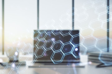 Poster - Double exposure of technology hologram with hexagon on laptop background. Research and development software concept