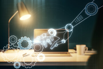 Poster - Creative abstract robotics technology sketch on modern laptop background, future technology and AI concept. Double exposure