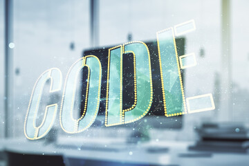 Poster - Creative Code word sign on modern computer background, international software development concept. Multiexposure