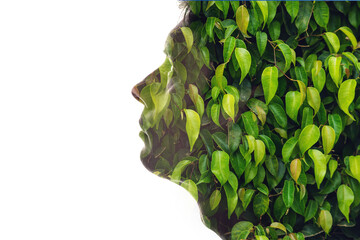 Wall Mural - Combination of the silhouette of a man face and a picture with green leaves. Concept of the connection people and nature
