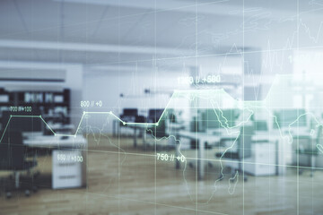 Poster - Double exposure of abstract virtual statistics data hologram on modern corporate office background, statistics and analytics concept