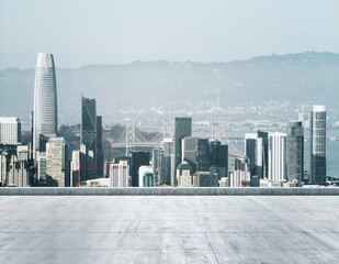 Empty concrete dirty rooftop on the background of a beautiful San Francisco city skyline at daytime, mock up