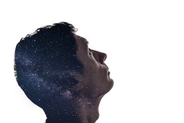 Wall Mural - Combination of the silhouette of a man face and space with stars. Concept of the connection between man and the universe