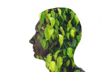 Wall Mural - Combination of the silhouette of a man face and a picture with green leaves. Concept of the connection people and nature