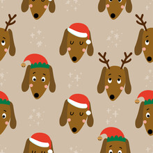 Cute Christmas Dachshund Pattern - Adorable Sausage Dog Characters. Hand Drawn Doodle Set For Kids. Good For Textiles, Nursery, Wallpaper, Clothes. Woof Words. Christmas Gift Wrapping Paper.