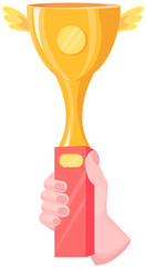 Wall Mural - winner success award gold cup vector or champion person holding in hand prize. achievement, reward t