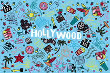 Los Angeles Doodle Illustration. Hollywood Holiday Travel Flat Drawing. Modernf Flat LA Illustration. Hand Sketched Poster, Banner, Postcard, Card Template For Travel Company, T-shirt, Shirt. Vector