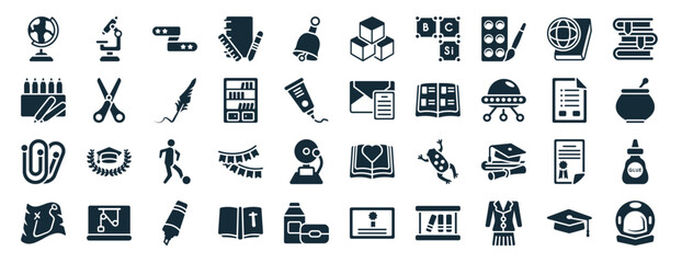 set of 40 filled literature web icons in glyph style such as microscope, crayon, attachment, treasure map, exam, books, cube icons isolated on white background