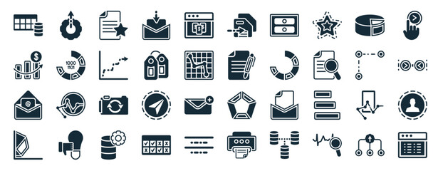 set of 40 filled user interface web icons in glyph style such as upload up, increasing stocks, open 