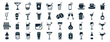 Set Of 40 Filled Drinks Web Icons In Glyph Style Such As Flirtini, French 75, Brewery, Juice Bottle, 007 Martini, Ice Bucket And Bottle, Cuba Libre Icons Isolated On White Background