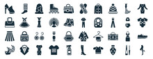 Set Of 40 Filled Fashion Web Icons In Glyph Style Such As Leg Warmer, Handbag Of Female, Skirt With White Lining, Two Carnival Masks, Female Swimsuit, Long Sleeve Flowy Dress, Bandages Icons