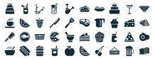 Set Of 40 Filled Bistro And Restaurant Web Icons In Glyph Style Such As Open Tin With Spoon, Hot Mug, Butcher Knife, Hot Soup, Piece Of Cheese, Strainer With Handle, Pita Bread Icons Isolated On