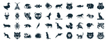 Set Of 40 Filled Animals Web Icons In Glyph Style Such As Moth, Gazelle, Mongoose, Polecat, Armadillo, Hippo, Coyote Icons Isolated On White Background