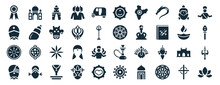 Set Of 40 Filled India Web Icons In Glyph Style Such As Taj Mahal, Indian Man, Ashoka, Indian, Diwali Lamp, Brahman, Ratha-yatra Icons Isolated On White Background