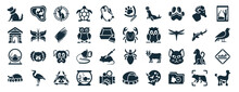 Set Of 40 Filled Animals Web Icons In Glyph Style Such As Pond, Kennel, Hamster Ball, Hibernation, Japan Koi Fish, Terrarium, Trap Icons Isolated On White Background