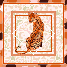 Leopard, Jaguar Wild Big Cat Square Frame Print Design Background. Leopard Pattern Illustration Terracotta Pastel Color For Bandana, Foulard, Scarves, Pillows, Carpet