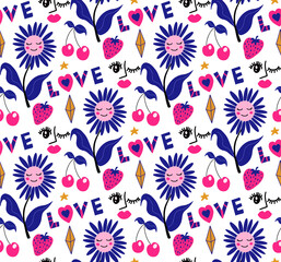 Wall Mural - Mystic boho love modern abstract seamless pattern heart trend style. Valentine's day, romance endless texture, background, wallpaper, textile. Vector illustration