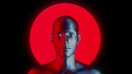 Abstract metal man body with red light circle on black background. Modern fashion 3d animation. Technological digital concept. Creative futuristic motion art.