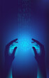 © Юлия Прыкина - Hands holding a levitating neural network in the form of a brain, which receives the world's information flows. Vector template for a vertical banner.