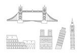 Fototapeta Big Ben - Vector line hand drawn illustration with famous world landmarks. Isolated on white background