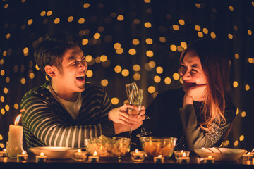 couple celebration concept, Christmas or new year party with romantic night light, home winter happy