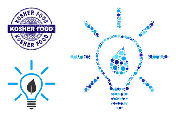 Round dot collage eco light bulb icon and KOSHER FOOD round textured stamp. Blue stamp includes KOSHER FOOD title inside circle and guilloche pattern. Vector collage is based on eco light bulb icon,