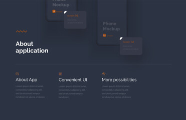 Poster - Modern presentation of a mobile application. Website template. Mobile phone mockup on a yellow background with a description of the mobile application. Modern illustration 3D style.	