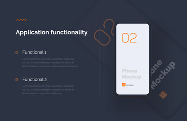 Poster - Modern presentation of a mobile application. Website template. Mobile phone mockup on a yellow background with a description of the mobile application. Modern illustration 3D style.	